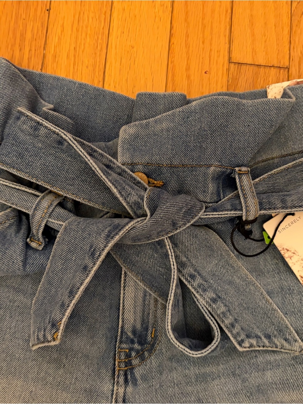 Sincerely Jules Light Blue Paperbag Waist Denim Shorts with Tie - Picture 2 of 5